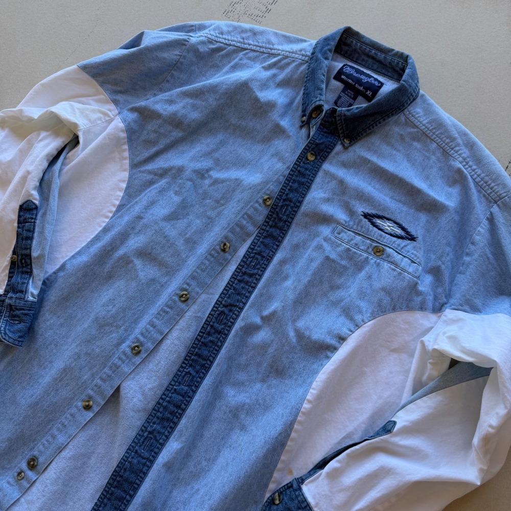 Vintage 90s Wrangler Western Colorblock Denim Button Down Shirt
